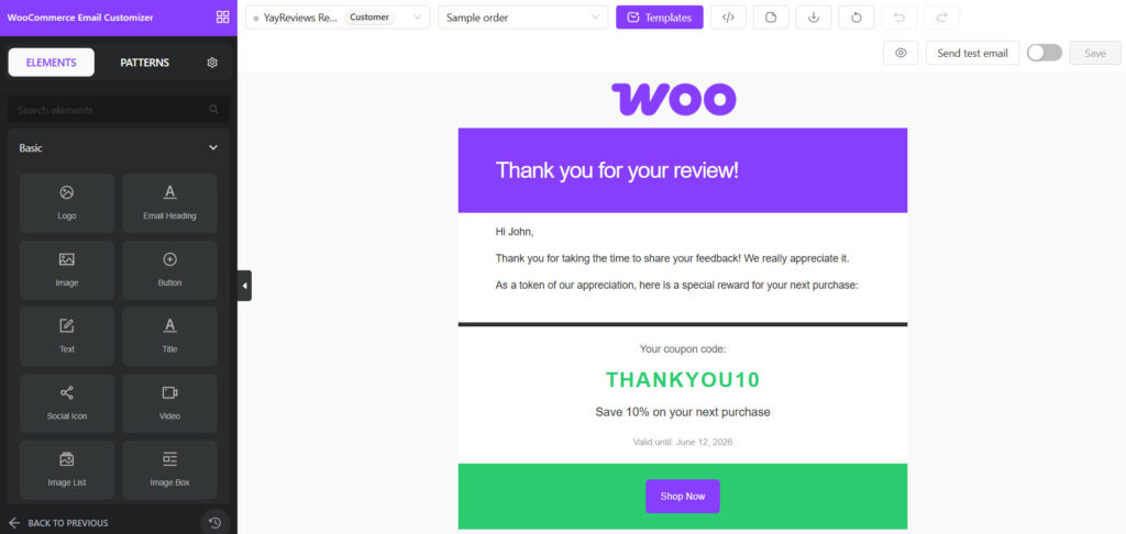YayMail editor - Send Customer Review Reward Emails in WooCommerce