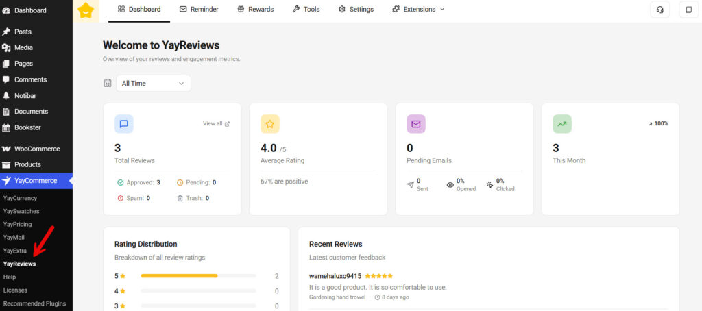 YayReviews dashboard