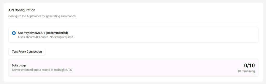 API configuration - Add Review Summaries to WooCommerce Store