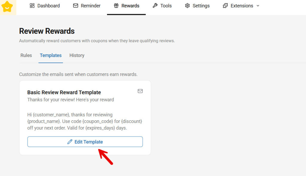 edit reward template - woocommerce product reviews