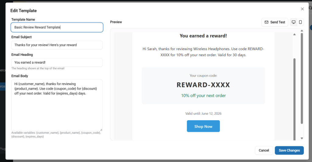 email template - Send Customer Review Reward Emails in WooCommerce