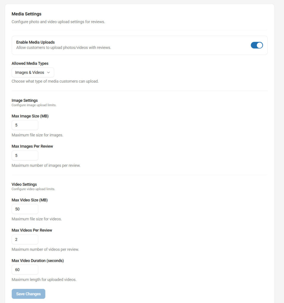 media settings - woocommerce product reviews