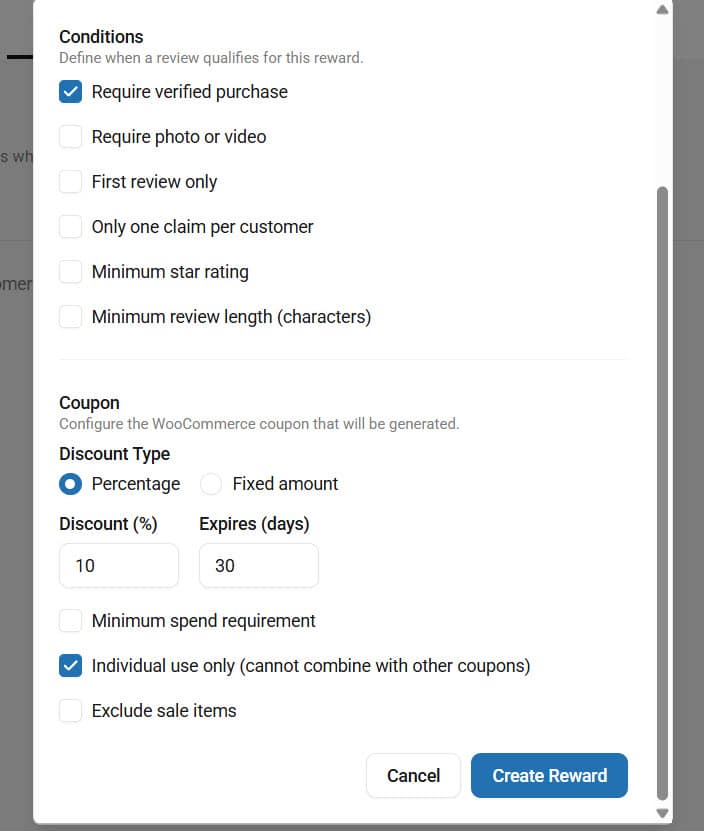 reward condition - woocommerce product reviews