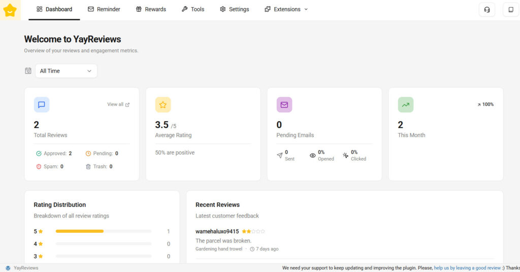 yayreviews dashboard