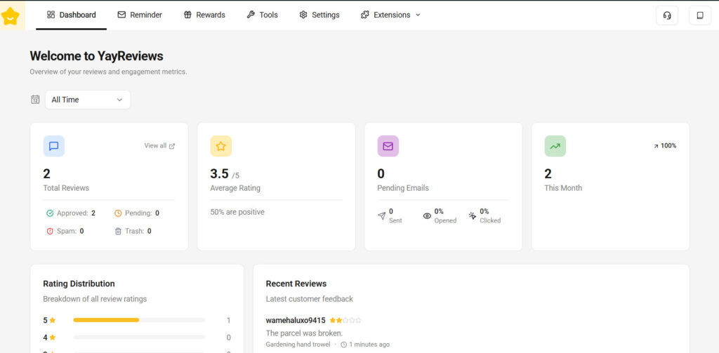 yayreviews dashboard
