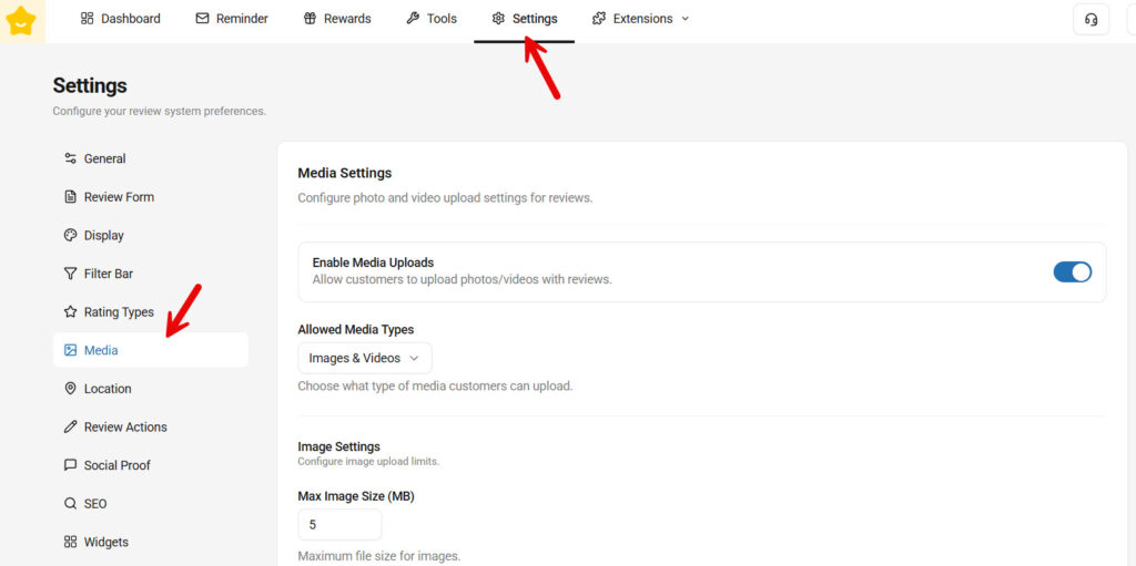 YayReviews media settings - woocommerce product reviews