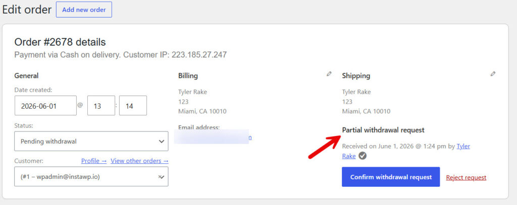 partial withdrawal - Insert or Manage an Order Withdrawal Button in WooCommerce
