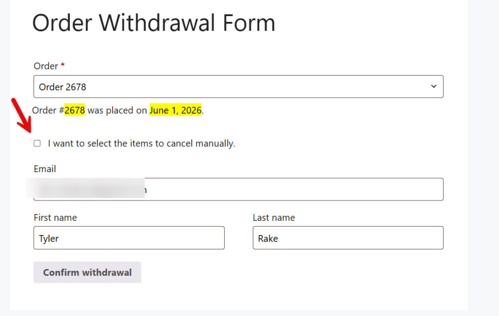 select individual items - Insert or Manage an Order Withdrawal Button in WooCommerce