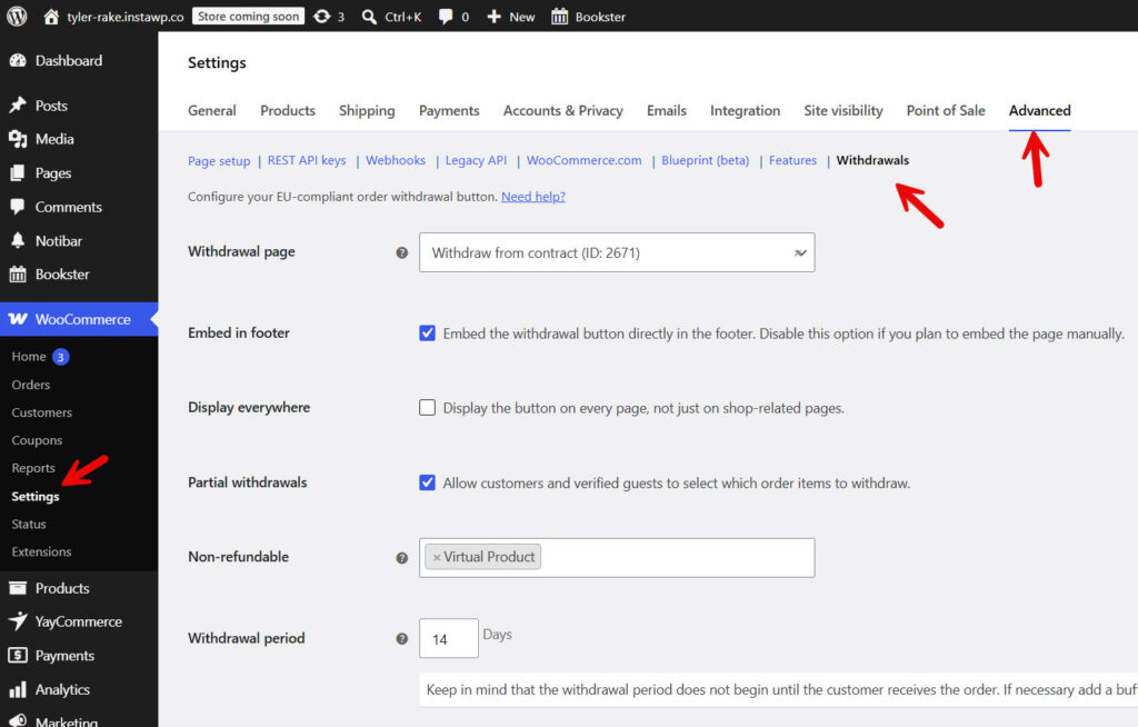 withdrawal settings