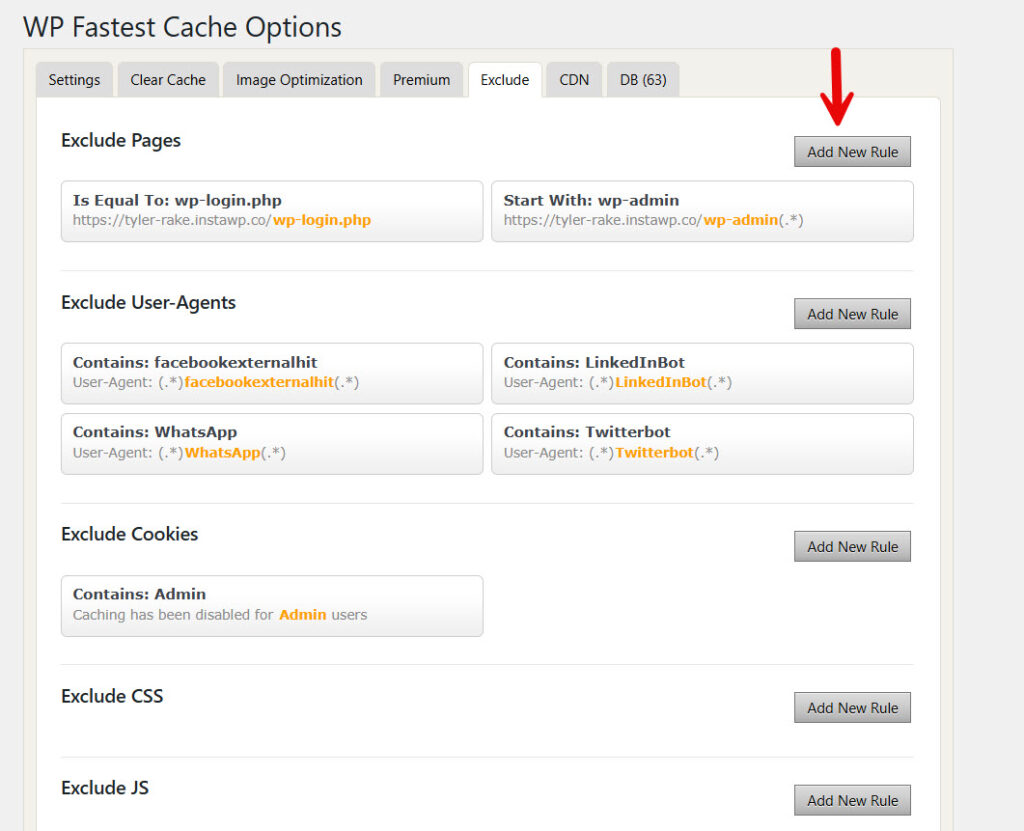 exclude new page - WP Fastest Cache Settings