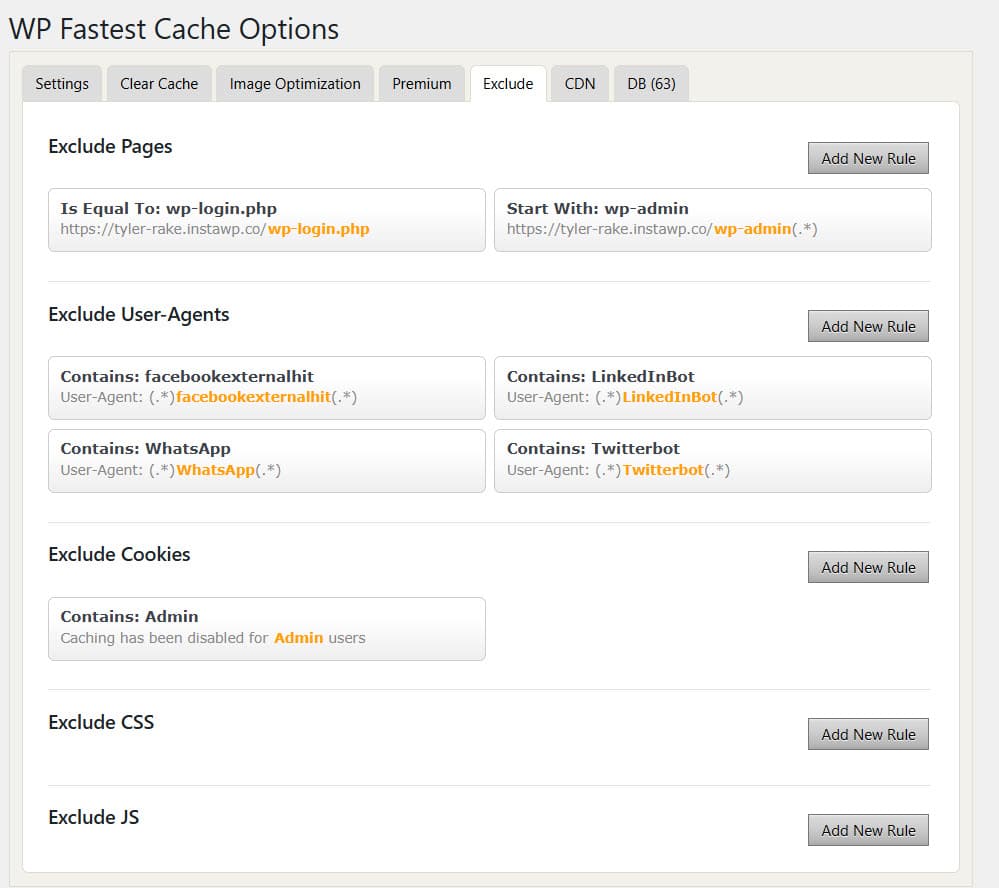 exclude settings - WP Fastest Cache Settings