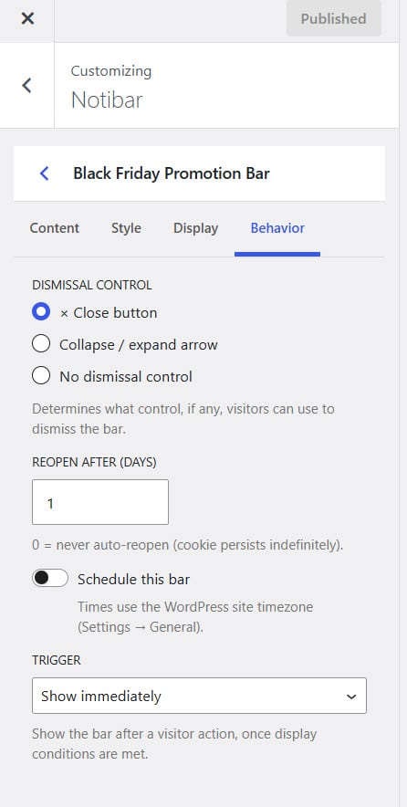 notibar behavior settings - create a notification bar in WordPress