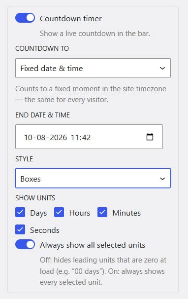 countdown timer options - create a notification bar in WordPress