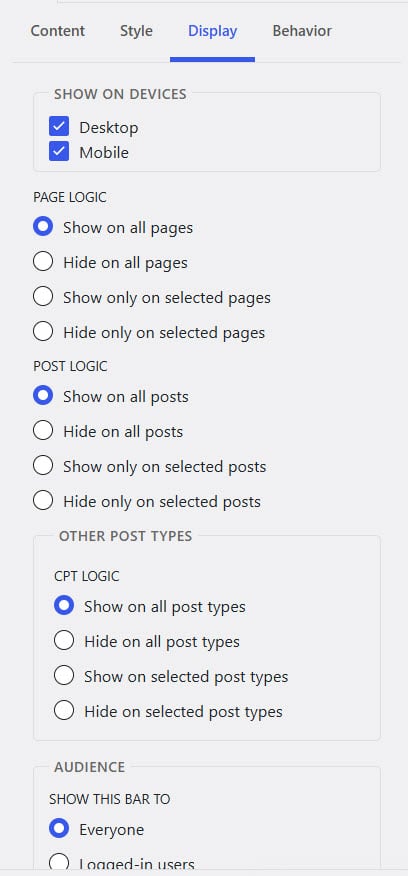 display options - create a notification bar in WordPress