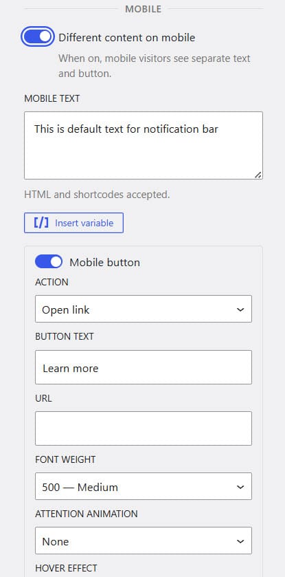 mobile content - create a notification bar in WordPress