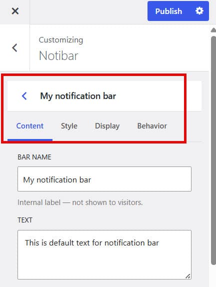 Notibar all options