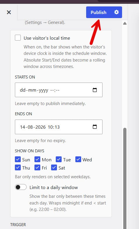 publish changes - create a notification bar in WordPress