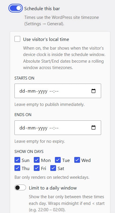 scheduling option - create a notification bar in WordPress