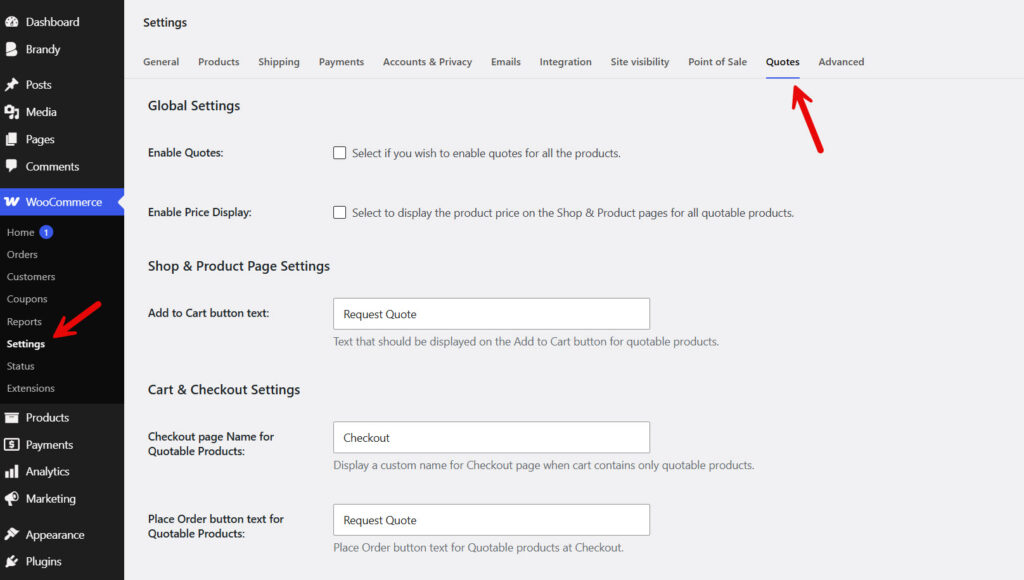 quote settings