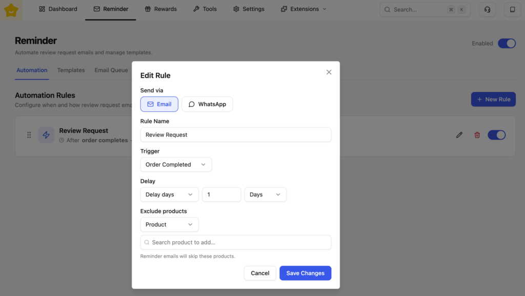 YayReviews create reminder rule