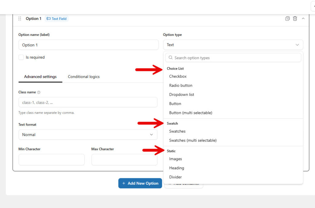 options categorized