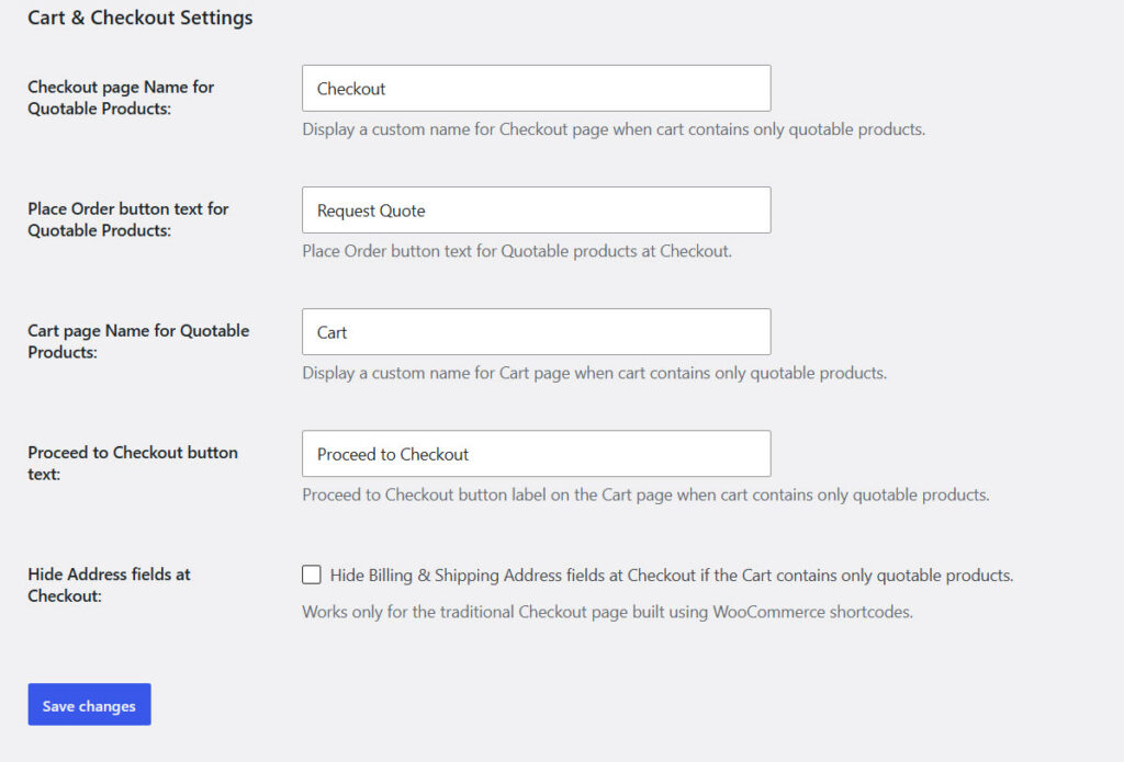 cart and checkout settings