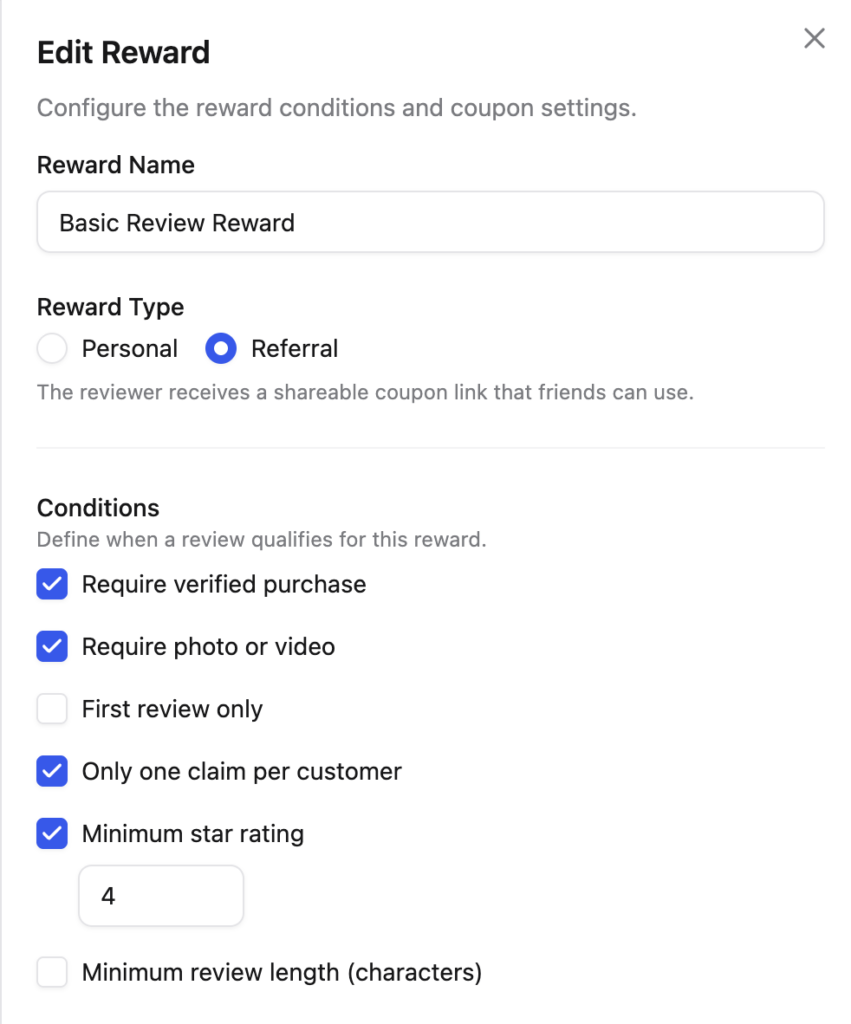 set condition for reviews to get rewards