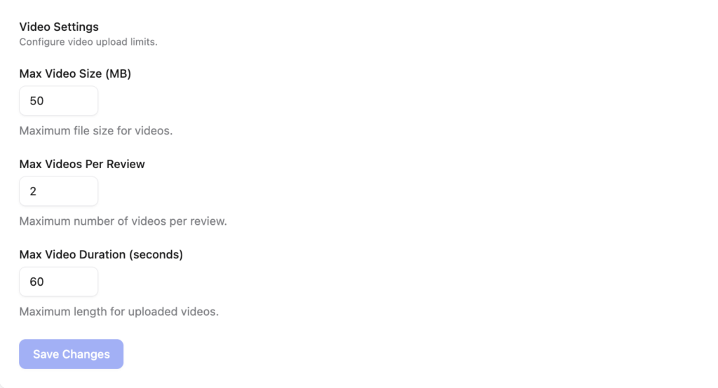 video setting size for reviews